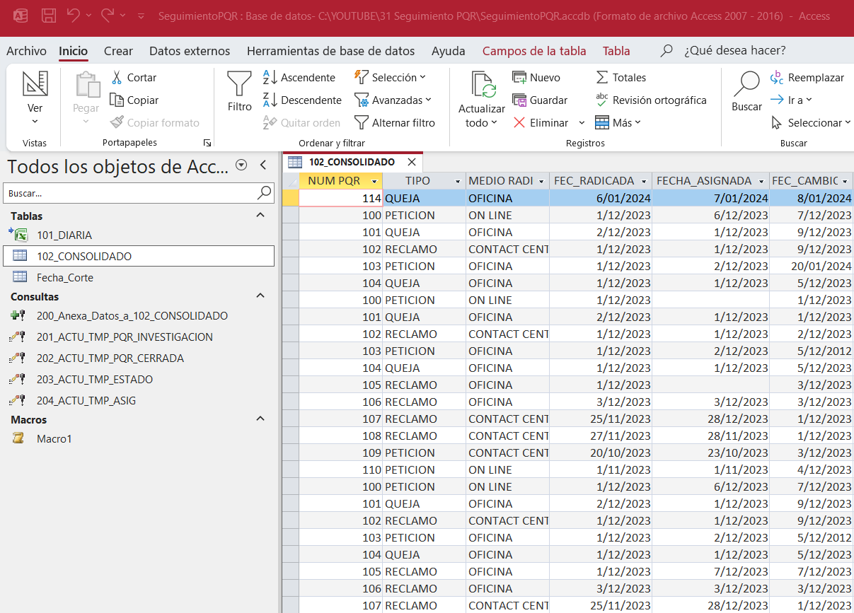 Seguimiento de PQR´s con Excel y Access